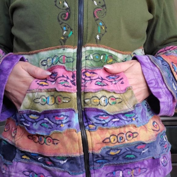 90s Boho Hippie Zipup Jacket Hooded Patchwork Green Handpainted Sun Large - Picture 9 of 15